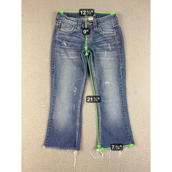 Silver Jeans Womens 24 Eden Flare Blue Cropped Cutoff Capri Thick Stitch Stretch - Picture 3 of 11